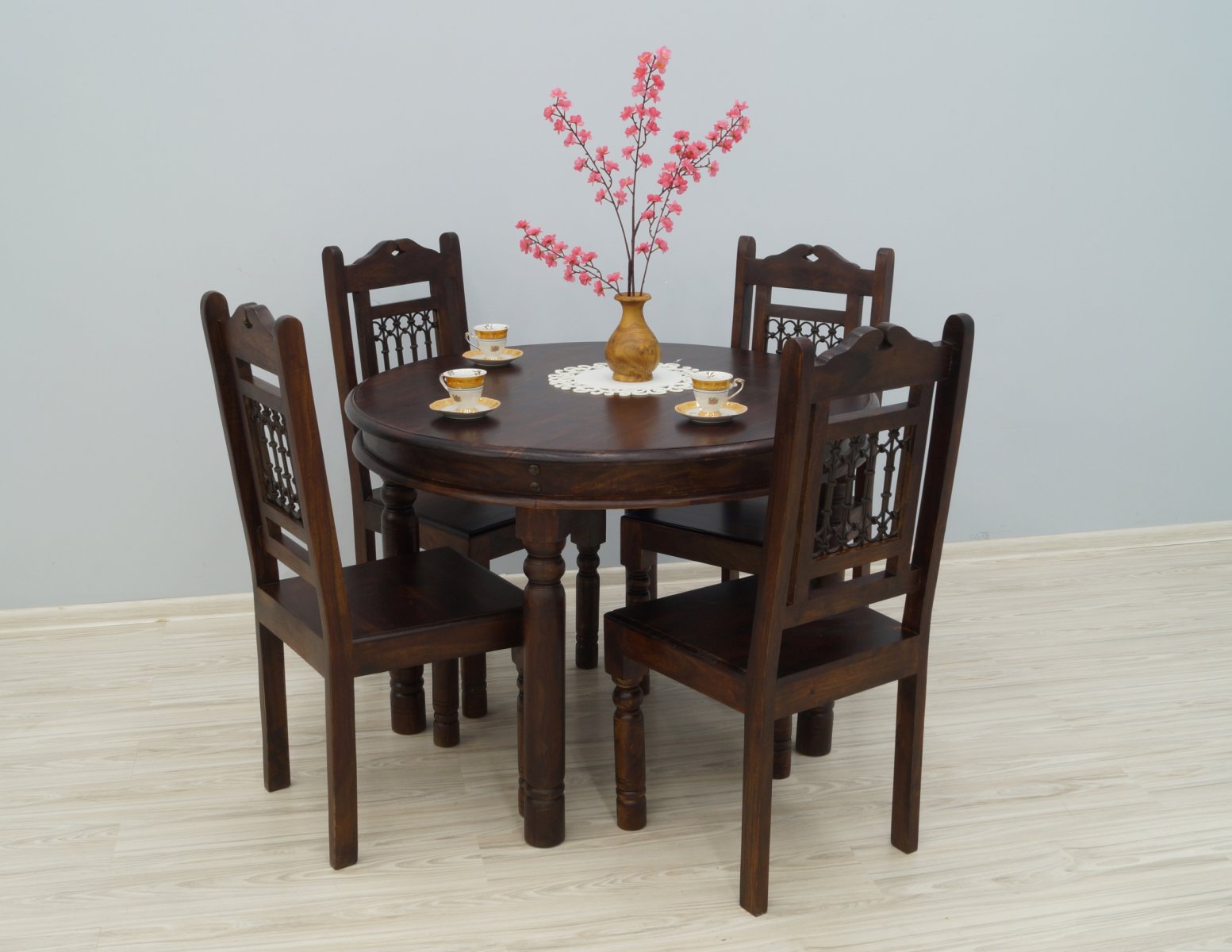 Komplet obiadowy kolonialny okrągły stół + 4 krzesła lite drewno palisander indyjski metaloplastyka