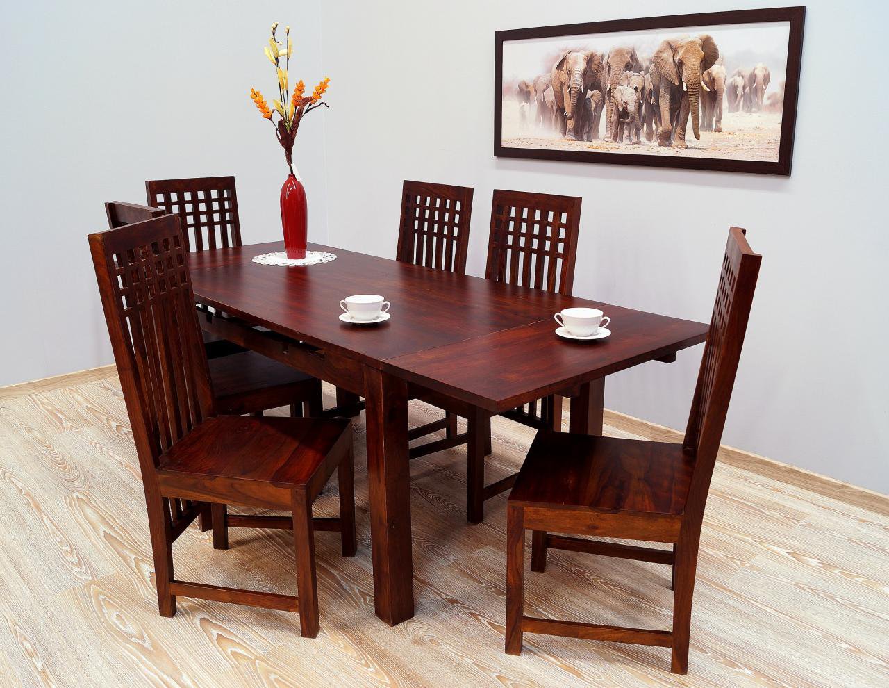 Komplet obiadowy kolonialny stół rozkładany + 6 krzeseł lite drewno palisander indyjski ciemny brąz
