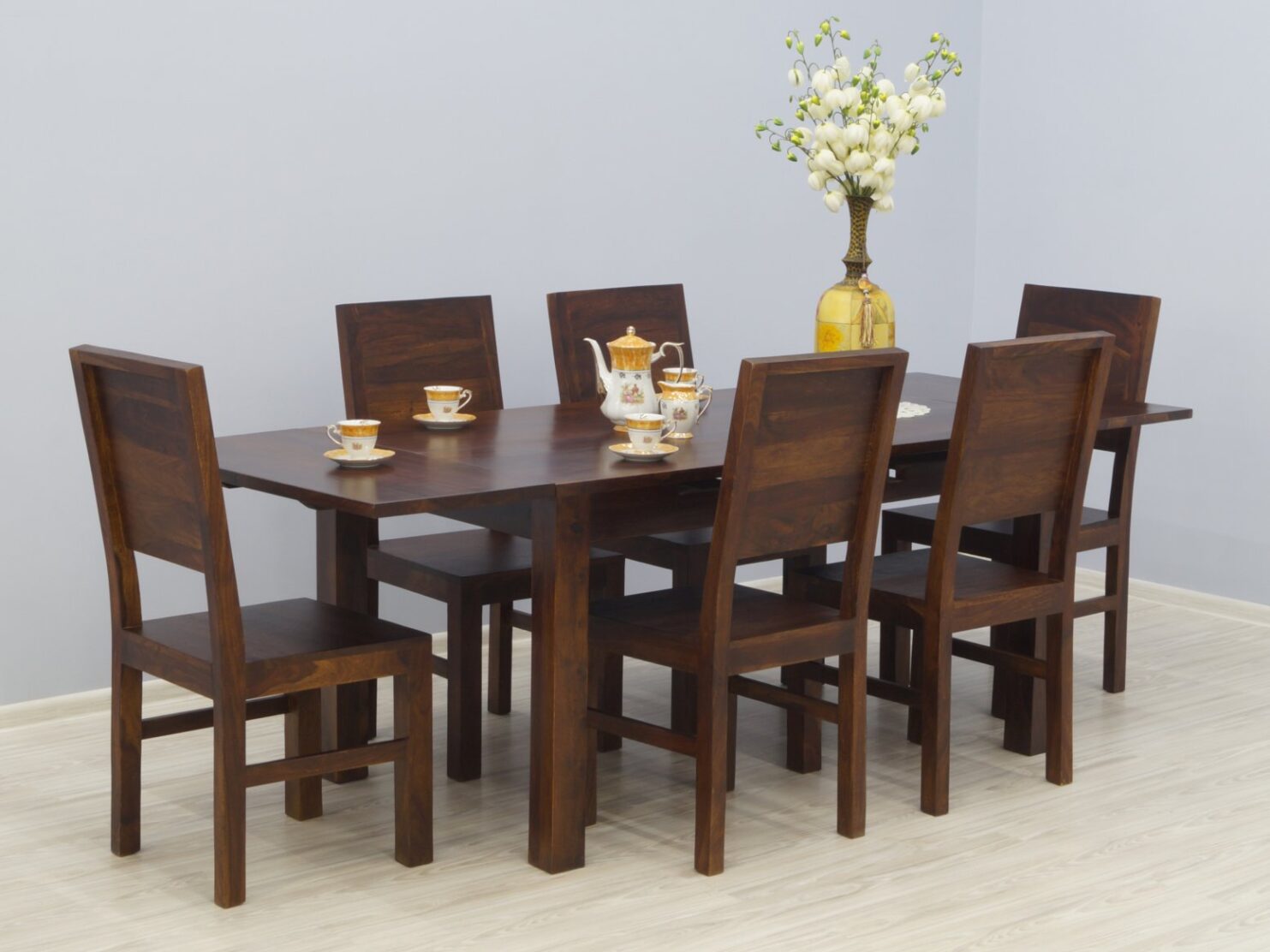 Komplet obiadowy kolonialny stół rozkładany + 6 krzeseł pełne oparcia lite drewno palisander ciemny brąz
