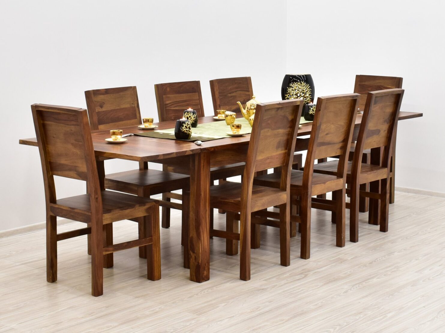 Komplet obiadowy kolonialny stół rozkładany + 8 krzeseł z litego drewna palisandru jasny brąz
