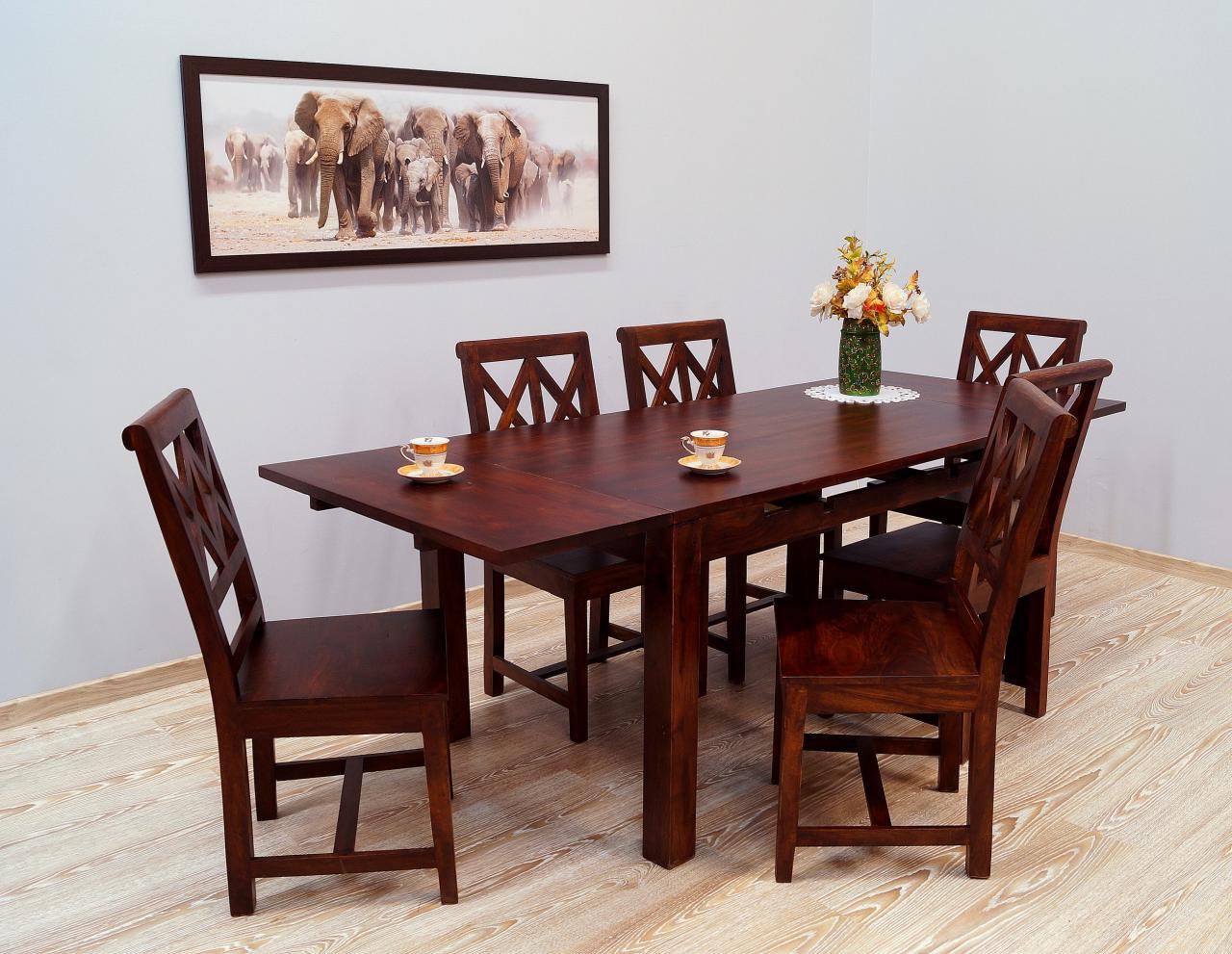 Komplet obiadowy kolonialny stół rozkładany + 6 krzeseł ażurowe oparcia lite drewno palisander ciemny brąz