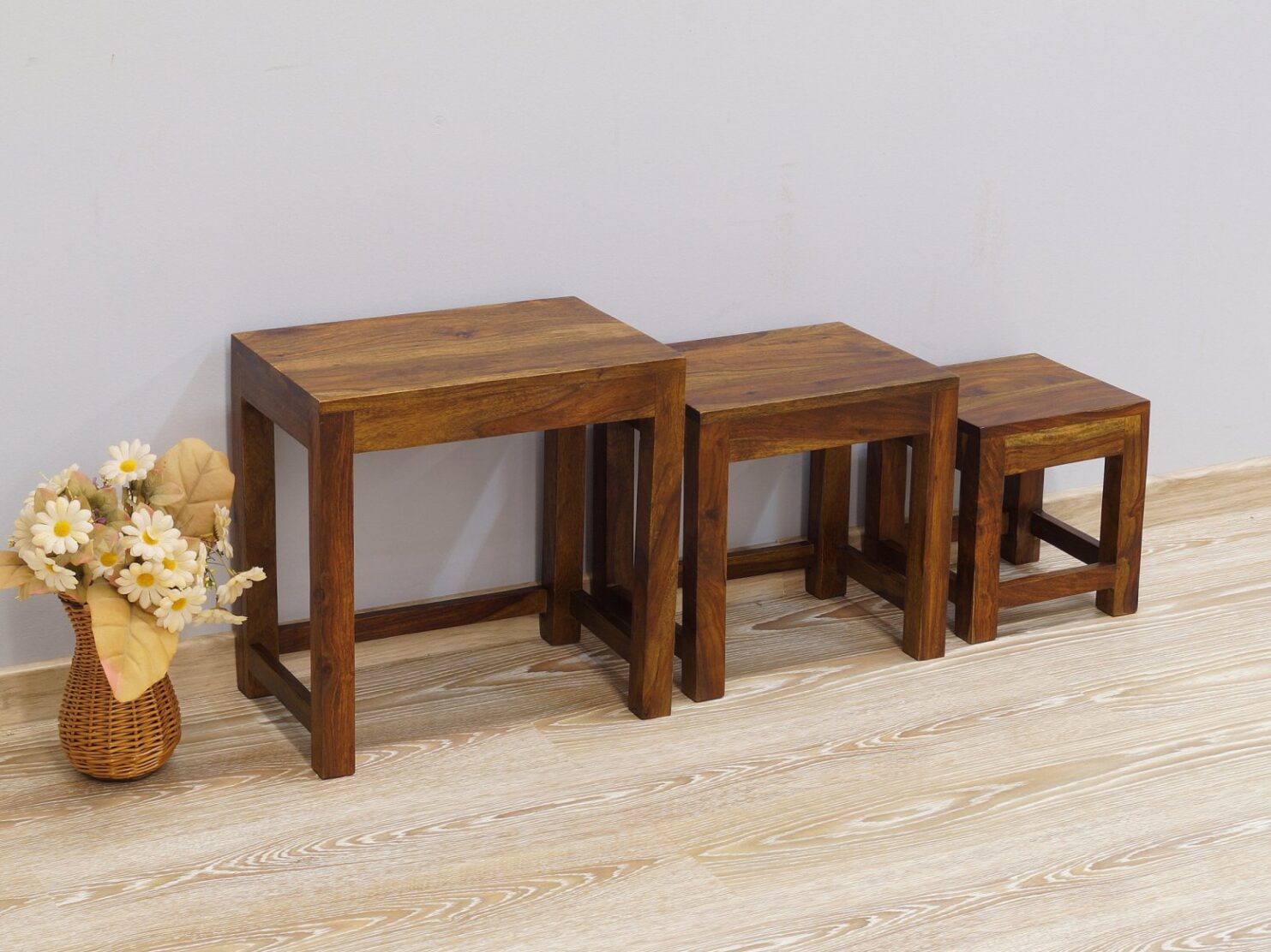 Taboret kolonialny stolik stołek lite drewno palisander indyjski 3 sztuki