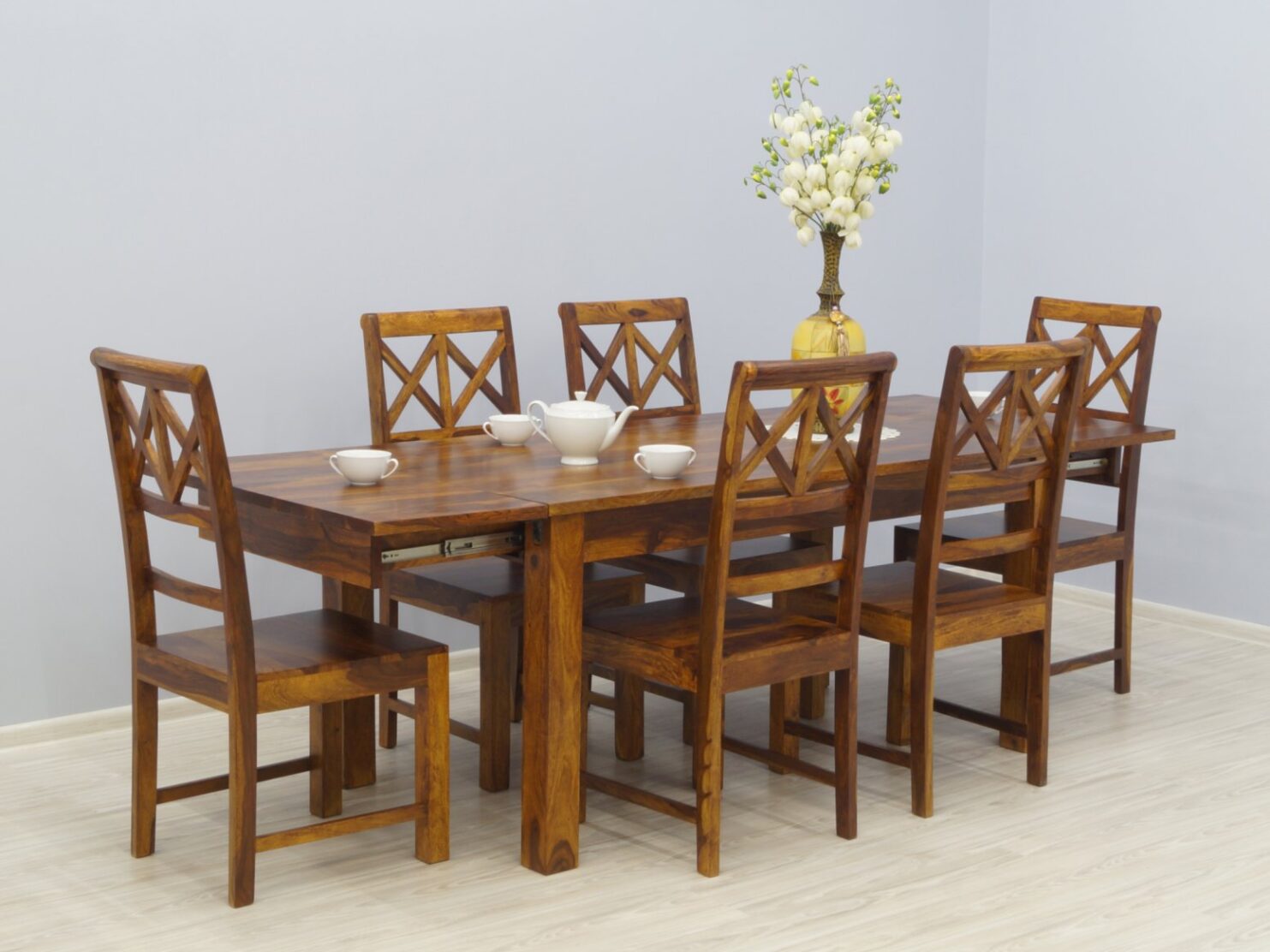 Komplet obiadowy indyjski stół rozkładany + 6 krzeseł lite drewno palisander miodowy brąz nowoczesny