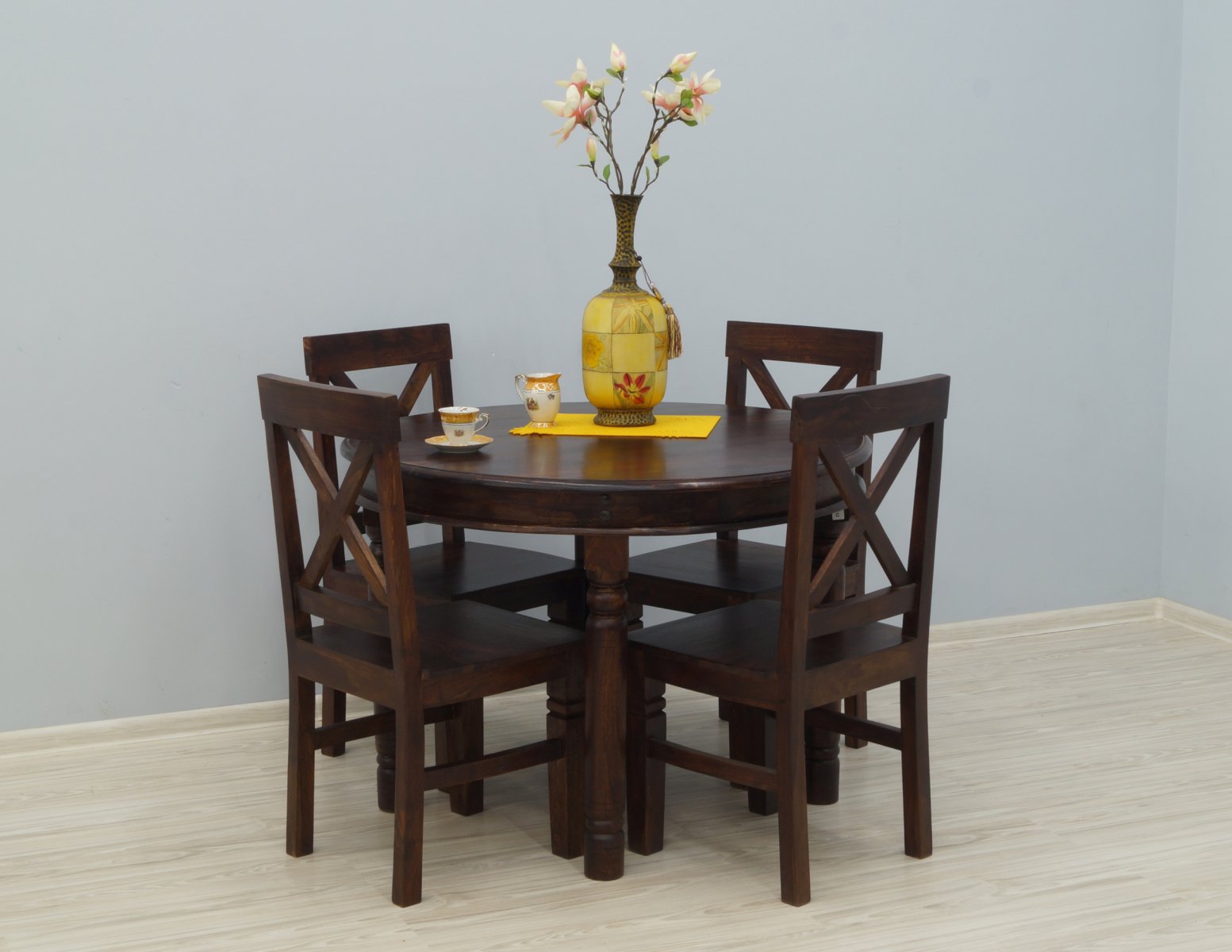 Komplet obiadowy kolonialny okrągły stół + 4 krzesła lite drewno palisander indyjski styl klasyczny