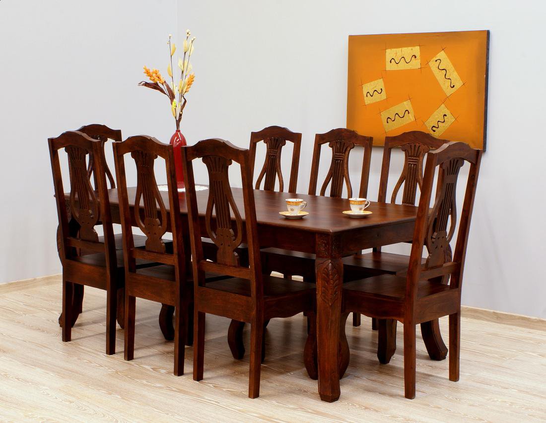 Komplet obiadowy kolonialny stół + 8 krzeseł lite drewno palisander indyjski ciemny brąz