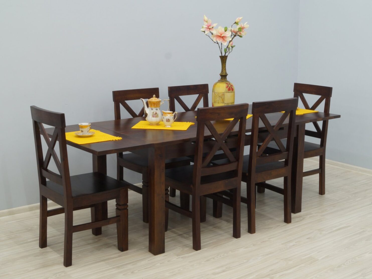 Komplet obiadowy kolonialny stół rozkładany + 6 krzeseł lite drewno palisander indyjski ażurowe oparcia