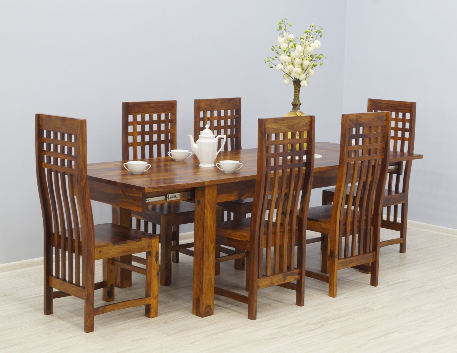 Komplet obiadowy kolonialny stół rozkładany + 6 krzeseł lite drewno palisander miodowy brąz nowoczesny