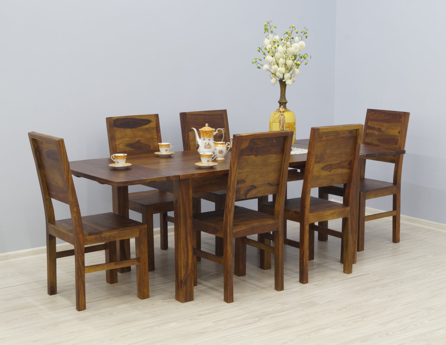 Komplet obiadowy kolonialny stół rozkładany + 6 krzeseł pełne oparcia lite drewno palisander jasny brąz