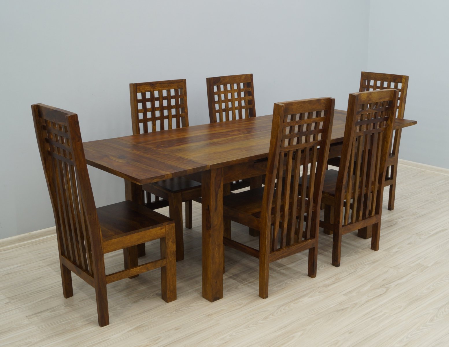 Komplet obiadowy kolonialny stół rozkładany + 6 krzeseł wysokie oparcia lite drewno palisander indyjski