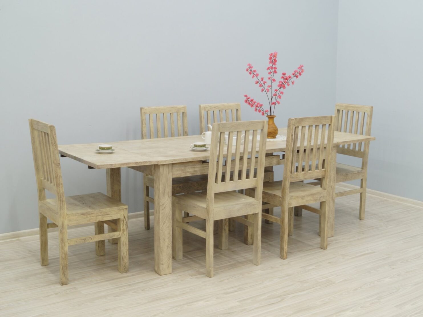 Komplet obiadowy rozkładany stół + 6 krzeseł bielony przecierany
