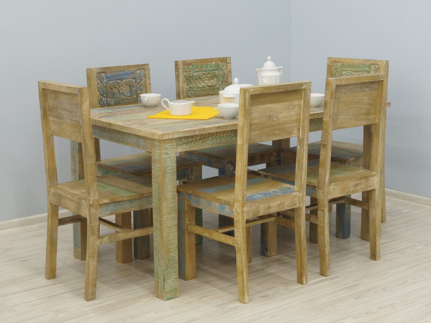 Komplet obiadowy stół + 6 krzeseł kolonialny lite drewno mango styl Shabby Chic