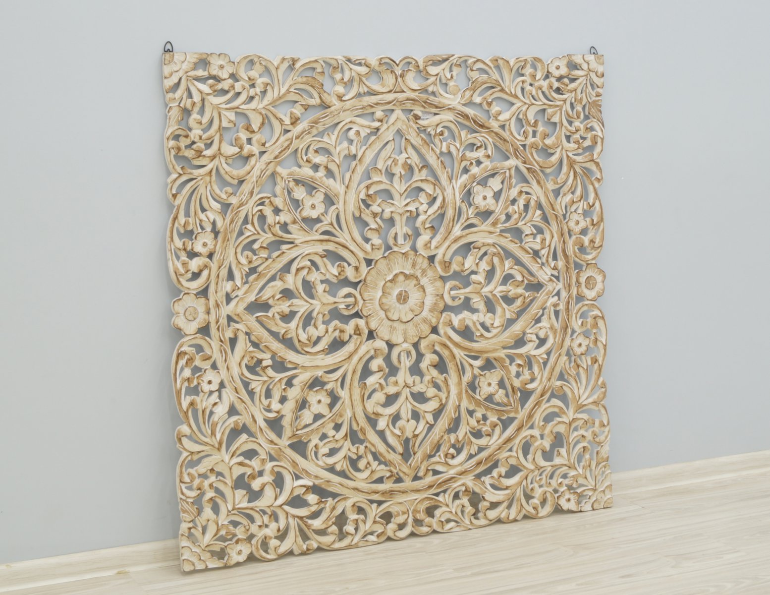 Panel ścienny indyjski dekoracyjny wykonany ręcznie ażurowy bielony kwadratowy