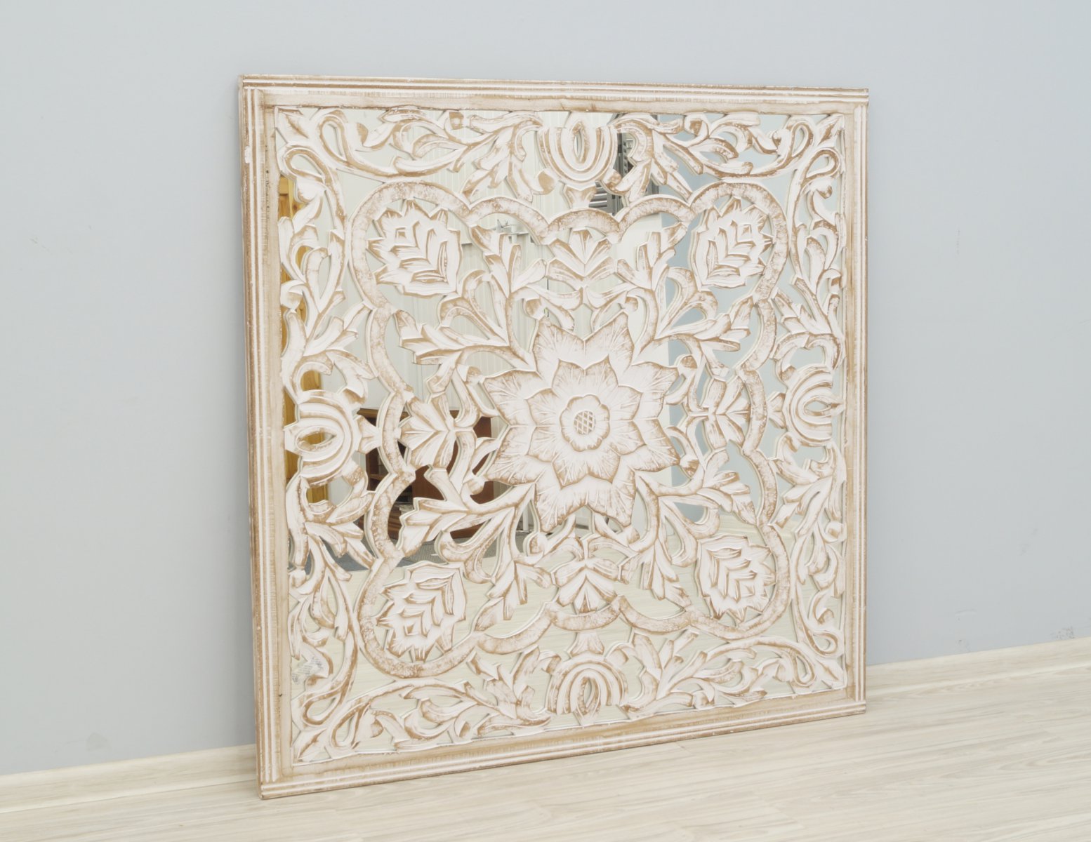 Panel ścienny indyjski dekoracyjny z lustrem bielony przecierany kwadratowy