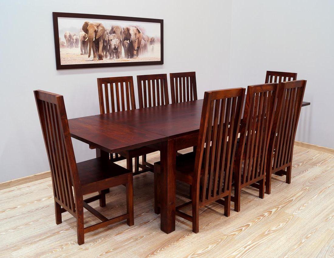 Komplet obiadowy indyjski stół rozkładany+ 8 krzeseł lite drewno palisander indyjski wysokie oparcia