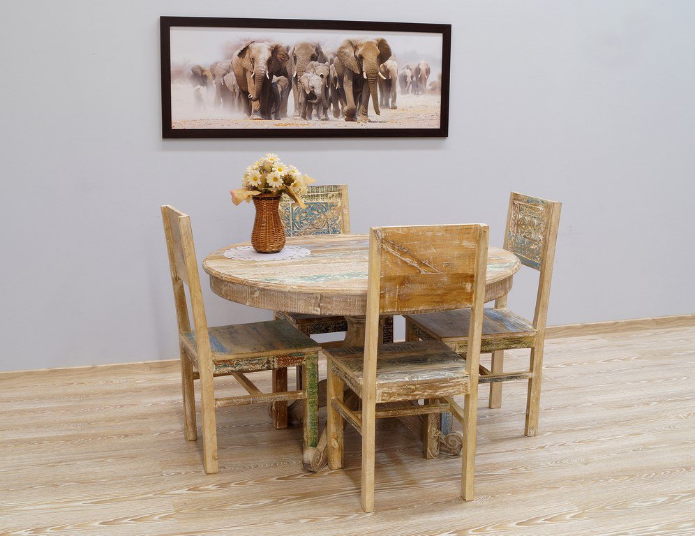 Komplet obiadowy stół okrągły + 4 krzesła kolonialny lite drewno mango pastelowe kolory rzeźbione styl Shabby Chic
