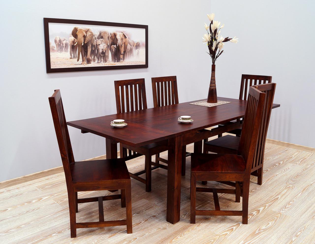 Komplet obiadowy kolonialny stół rozkładany + 6 krzeseł lite drewno palisander indyjski wysokie oparcia