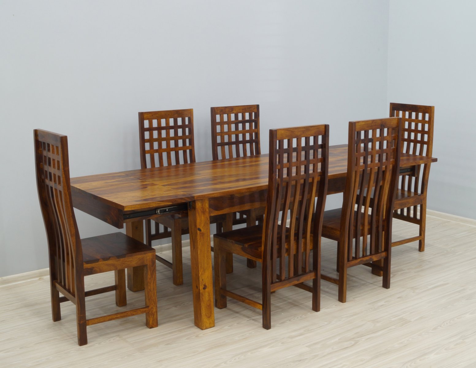 Komplet obiadowy kolonialny stół rozkładany + 6 krzeseł lite drewno palisander miodowy brąz modernistyczny
