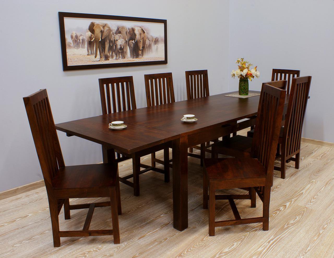 Komplet obiadowy kolonialny stół rozkładany + 8 krzeseł lite drewno palisander ciemnobrązowy