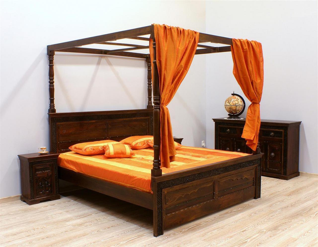 Łóżko kolonialne lite drewno palisander indyjski ręcznie rzeźbione ciemny brąz z baldachimem