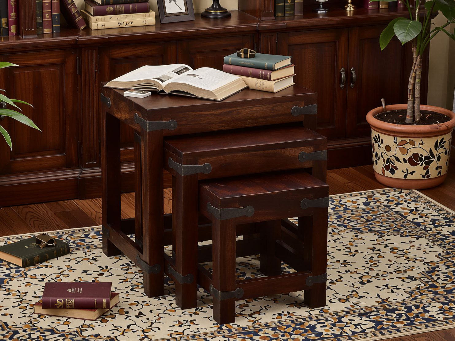 stoliczek-taboret-kolonialny-classic-lite-drewno-palisander-indyjski-metalowe-okucia-zestaw-3-sztuk