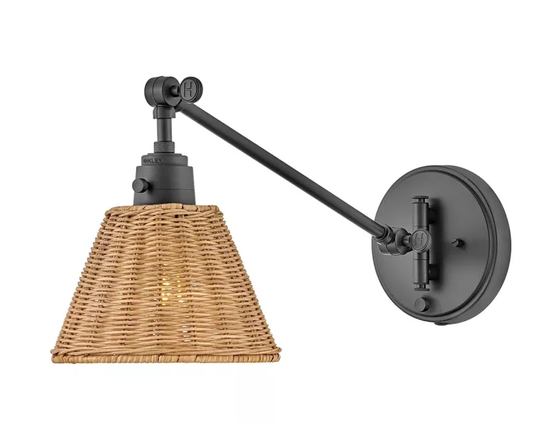 Lampa ścienna kinkiet Arti jedno źródło światła czarna oprawa + klosz z brązowego rattanu