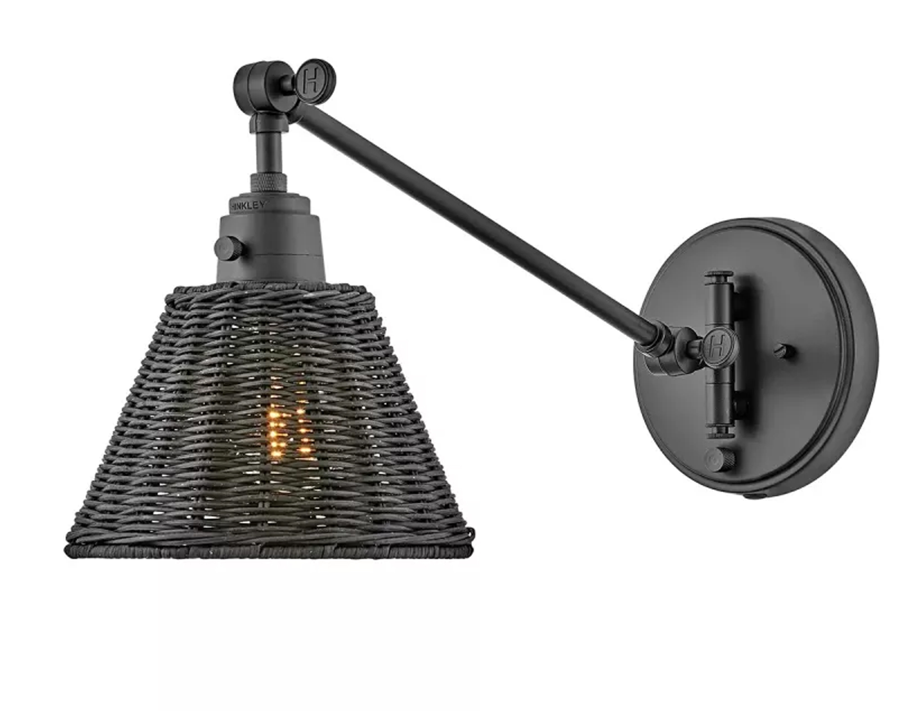 Lampa ścienna kinkiet Arti jedno źródło światła czarna oprawa + klosz z czarnego rattanu